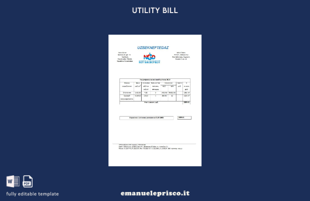 modello word di bolletta delle utenze NeftGaz dell'Uzbekistan in stile verificat